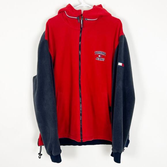 Tommy Hilfiger Other - Vintage Tommy Jeans Fleece Puffer Zip Up Hooded Jacket Red Blue Size XXL